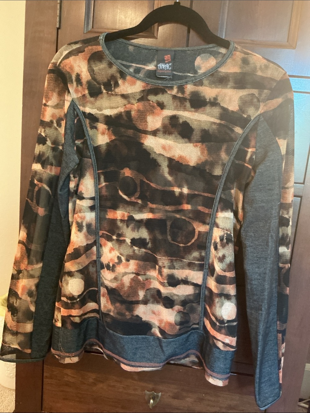 Anac Long Sleeve Crewneck mesh Top in Multi-Tone Brown, Rust & Charcoal Sz Sml